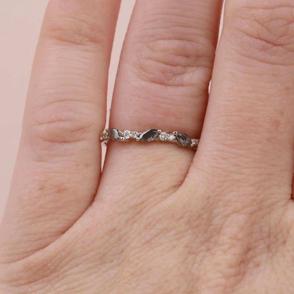 Natural Diamond Cluster Art Deco Wedding Ring for Women | Marquise Salt and Pepper Diamond Ring | Stackable Gold Ring | Minimalist Jewelry image #2