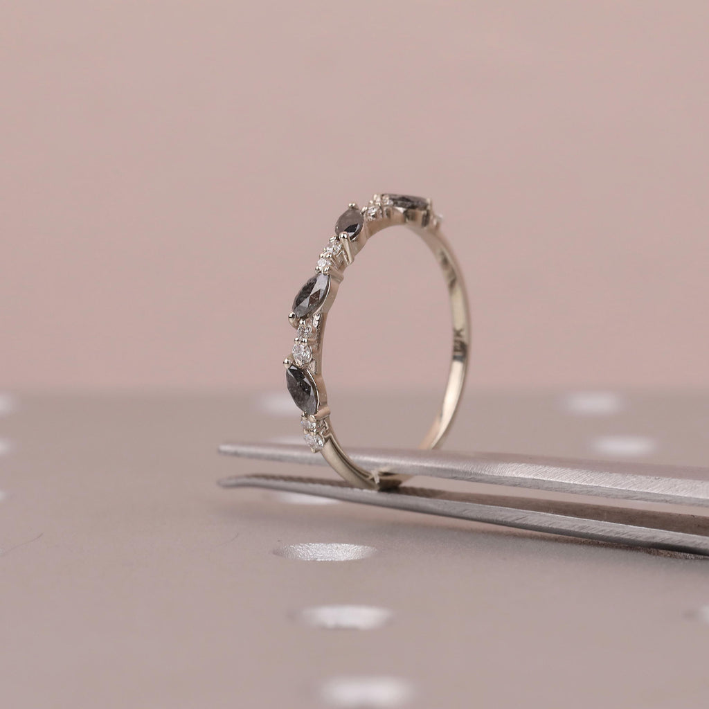 Natural Diamond Cluster Art Deco Wedding Ring for Women | Marquise Salt and Pepper Diamond Ring | Stackable Gold Ring | Minimalist Jewelry image #3