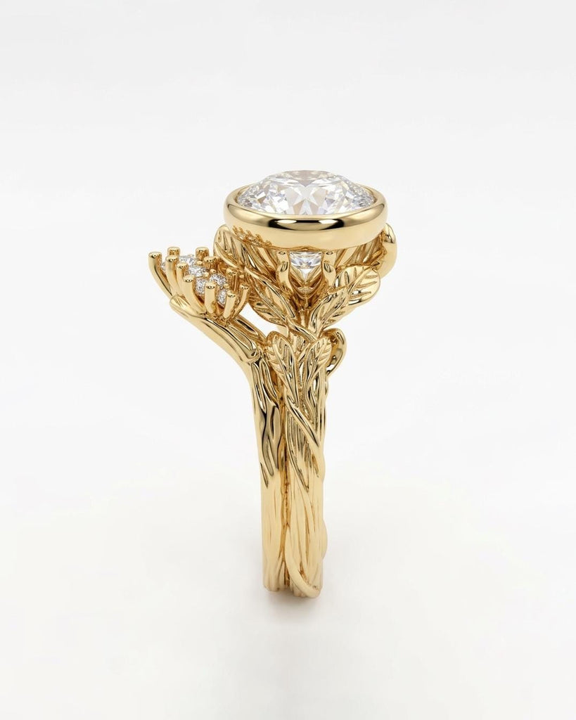 Nature Inspired Ring, Lab Diamond Engagement Ring, Dainty 14k Yellow Gold Bezel Ring, Bridal Jewelry Set, Unique Leaf Ring, Anniversary Ring image #3