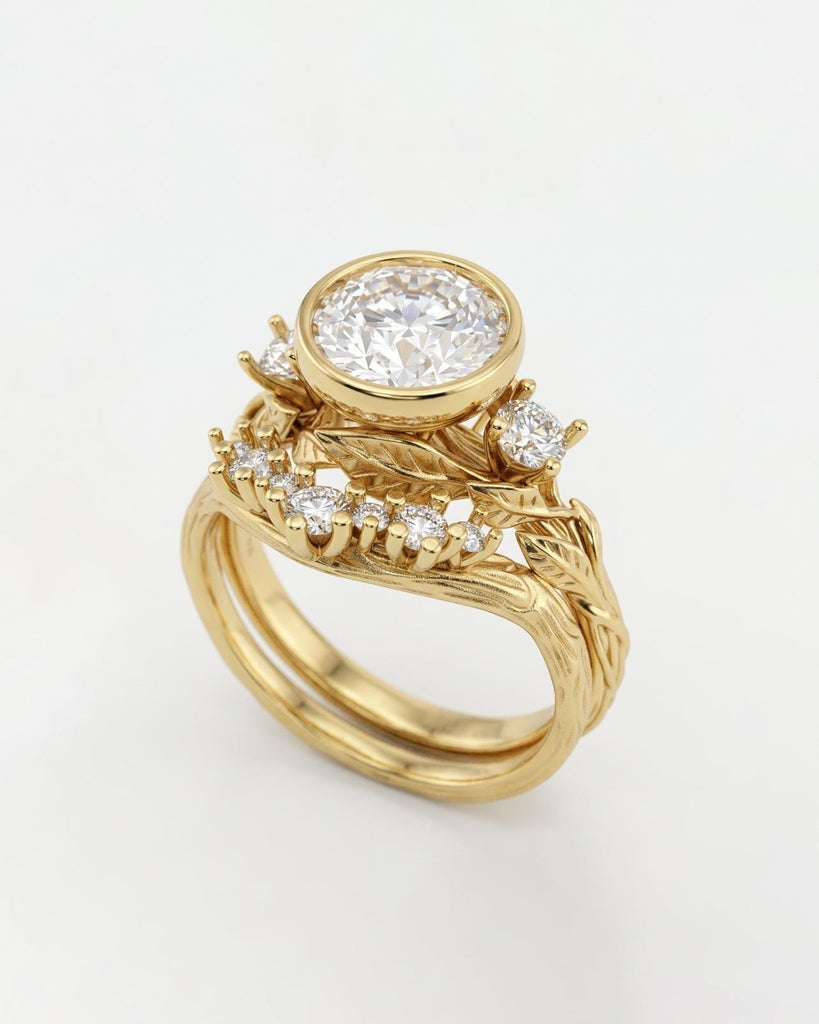 Nature Inspired Ring, Lab Diamond Engagement Ring, Dainty 14k Yellow Gold Bezel Ring, Bridal Jewelry Set, Unique Leaf Ring, Anniversary Ring image #2