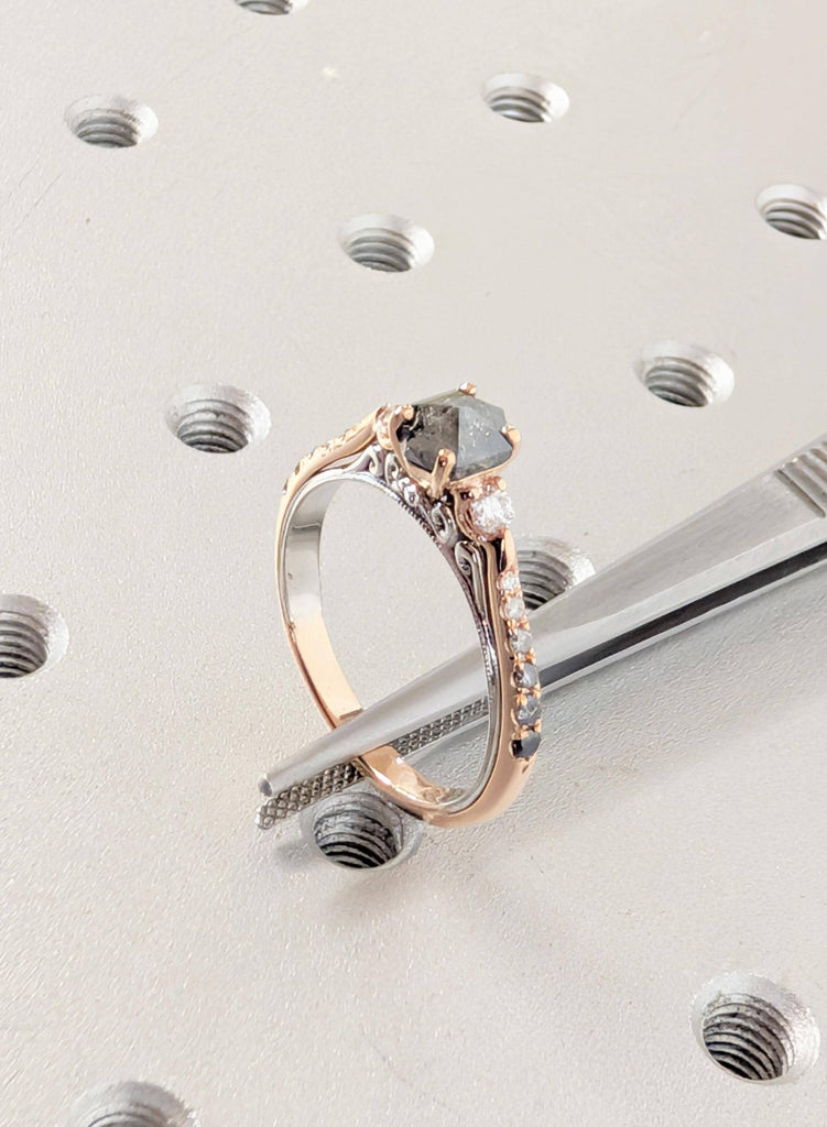 14K Gold Salt and Pepper Diamond Engagement Ring w/ Ombre Side Stones, Vintage Two-Tone Filigree Setting, Unique Galaxy Diamond Promise Ring image #7