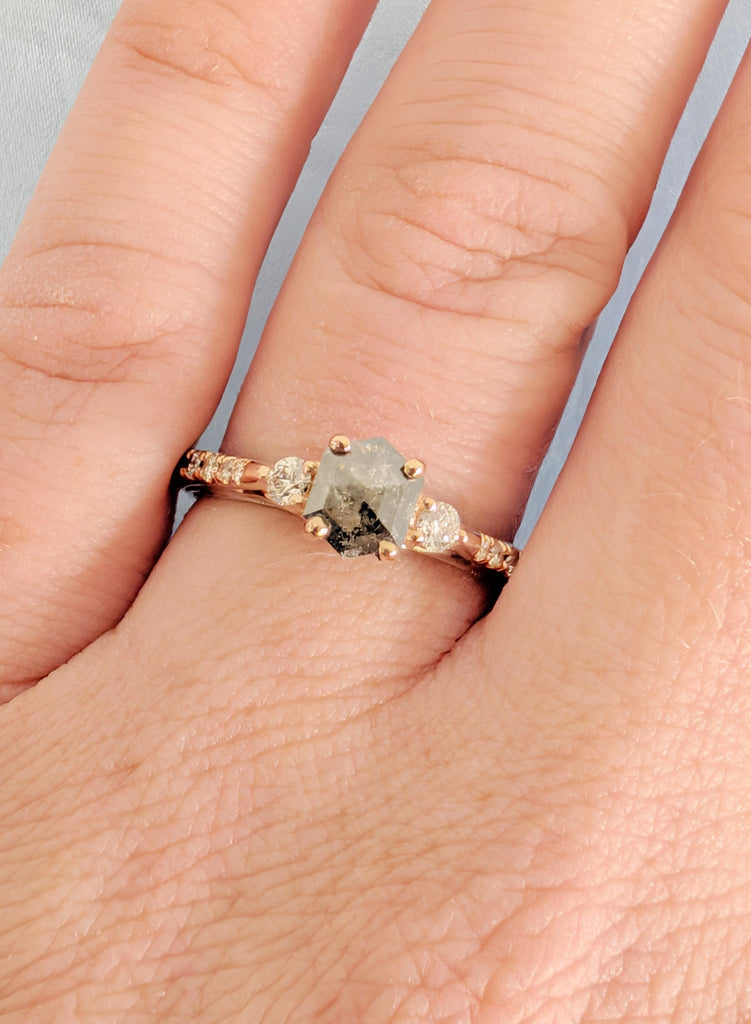 Hexagon Salt and Pepper Diamond Engagement Ring, 14K/18K Gold Two Tone Ring Vintage Art Deco Filigree Wedding Band, Unique Anniversary Ring image #4
