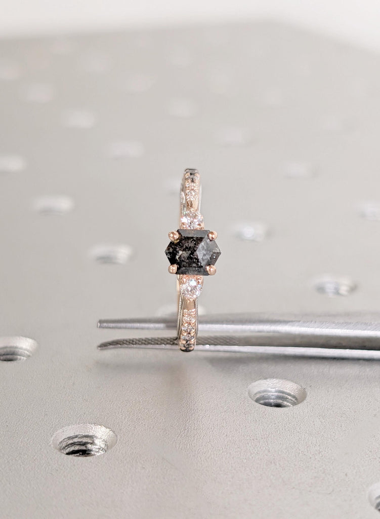 14K Gold Salt and Pepper Diamond Engagement Ring w/ Ombre Side Stones, Vintage Two-Tone Filigree Setting, Unique Galaxy Diamond Promise Ring image #12