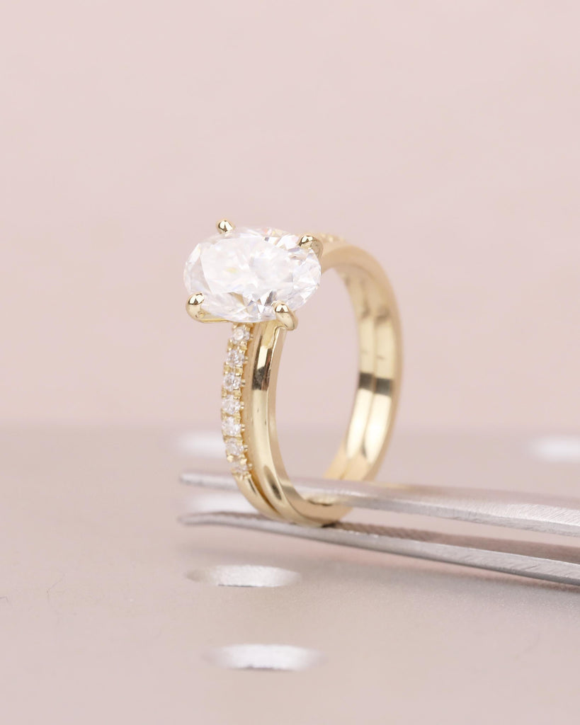 Oval Moissanite Engagement Ring, Solitaire 14k Yellow Gold Promise Ring Set with Pave Lab Diamond Matching Ring, Wedding Anniversary Ring image #13