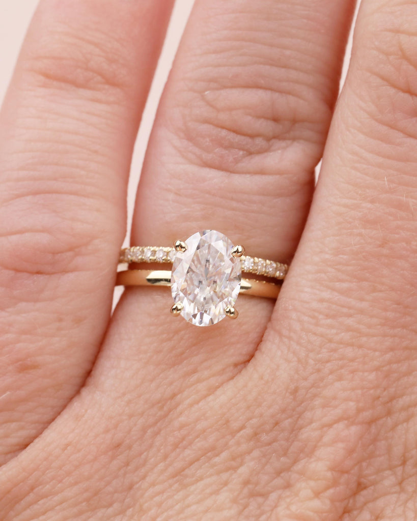 14k Gold Bridal Ring Set, Oval Engagement Ring, Moissanite Handmade Jewelry image #3