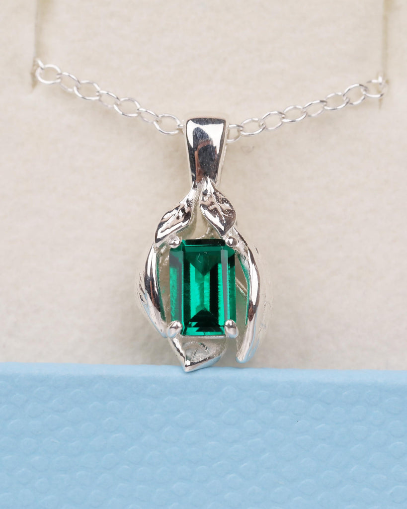 Emerald Gemstone Pendant, Sterling Silver Birthstone Necklace, Leaf Nature Jewelry image #2
