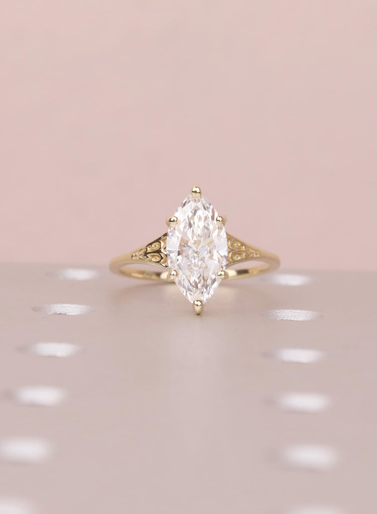Vintage Victorian Filigree Moissanite Ring, 14K Solid Gold Solitaire Marquise Cut Moissanite Engagement Ring, Gold Heirloom Proposal Ring image #2