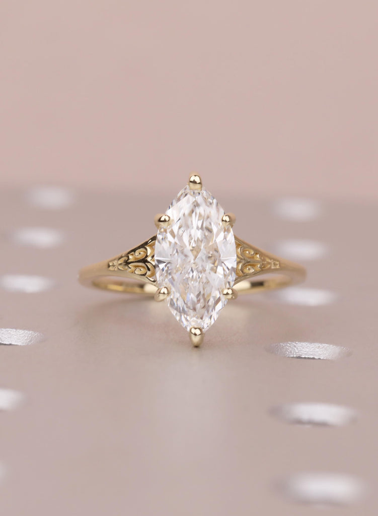 Vintage Victorian Filigree Moissanite Ring, 14K Solid Gold Solitaire Marquise Cut Moissanite Engagement Ring, Gold Heirloom Proposal Ring