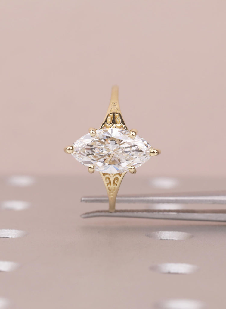 Vintage Victorian Filigree Moissanite Ring, 14K Solid Gold Solitaire Marquise Cut Moissanite Engagement Ring, Gold Heirloom Proposal Ring image #10