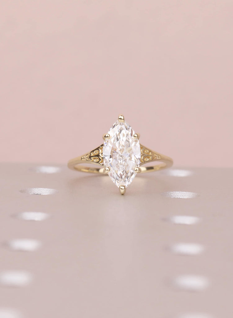 Vintage Lab Diamond Marquise Cut Victorian Filigree Ring, 14K Solid Gold Heirloom Proposal Ring, Custom Women's Wedding Anniversary Ring image #4