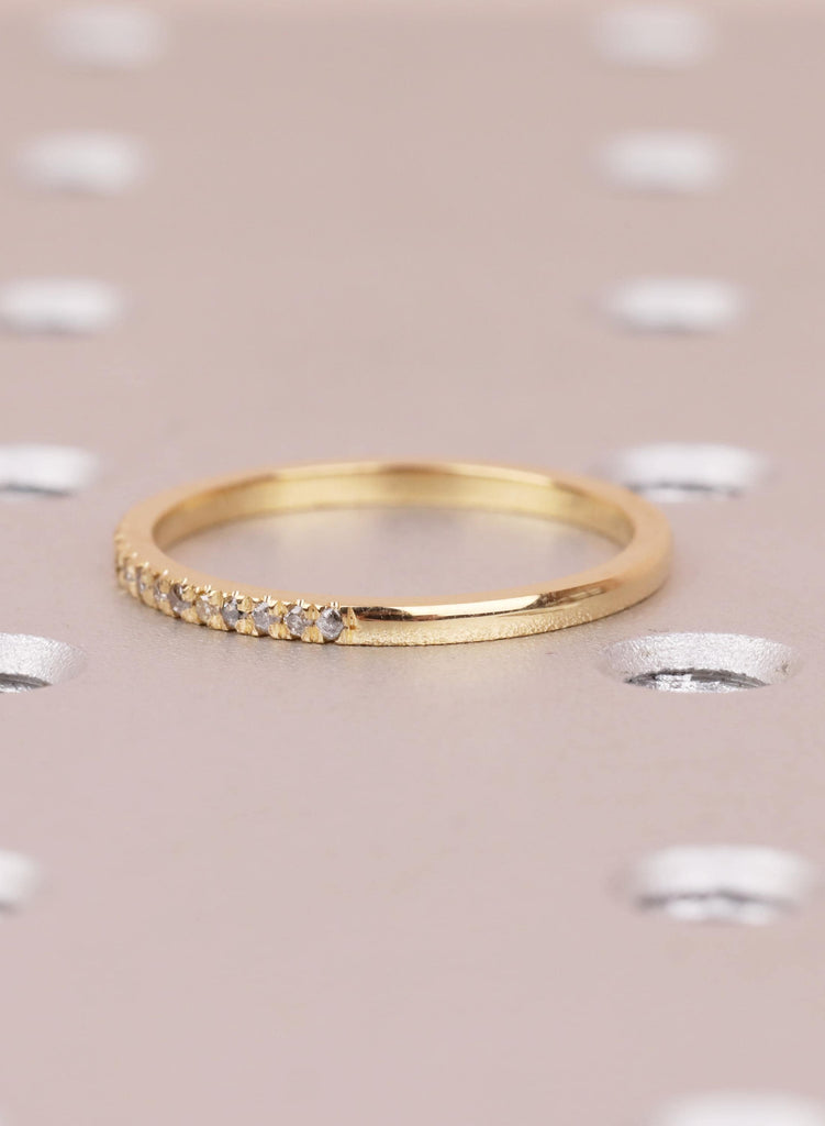 Dainty 18K Gold Salt and Pepper Wedding Ring, Unique Matching Band for Her, Half Eternity Stacking Ring, Round Galaxy Diamond Bridal Jewelry image #9