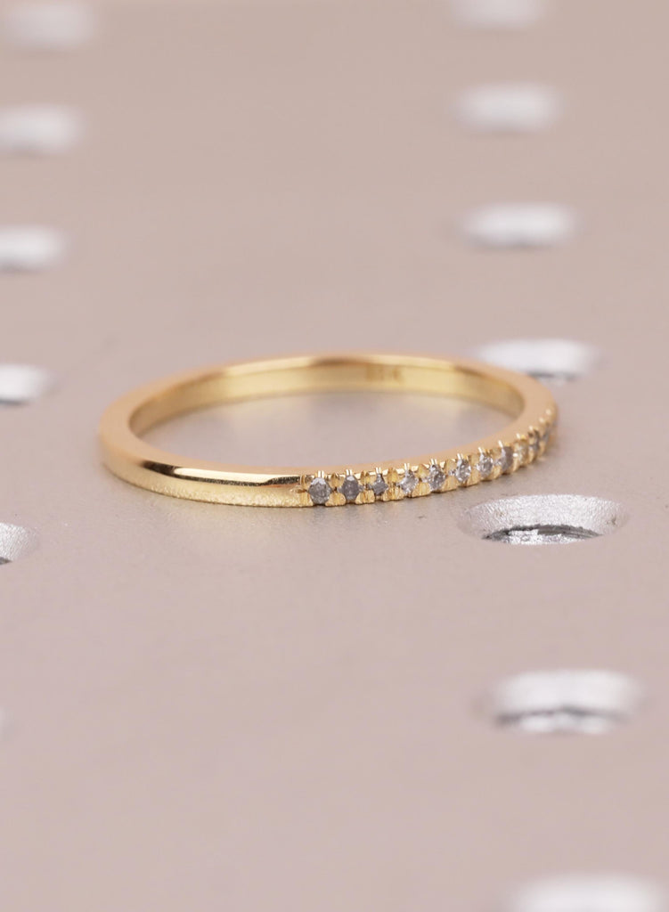 Dainty 18K Gold Salt and Pepper Wedding Ring, Unique Matching Band for Her, Half Eternity Stacking Ring, Round Galaxy Diamond Bridal Jewelry image #6