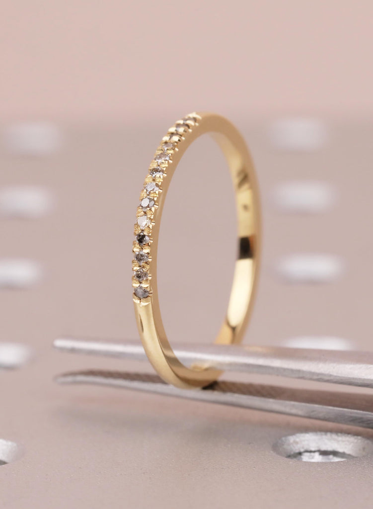 Dainty 18K Gold Salt and Pepper Wedding Ring, Unique Matching Band for Her, Half Eternity Stacking Ring, Round Galaxy Diamond Bridal Jewelry image #3