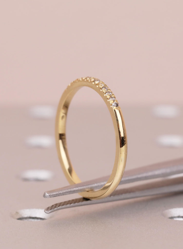Dainty 18K Gold Salt and Pepper Wedding Ring, Unique Matching Band for Her, Half Eternity Stacking Ring, Round Galaxy Diamond Bridal Jewelry image #10