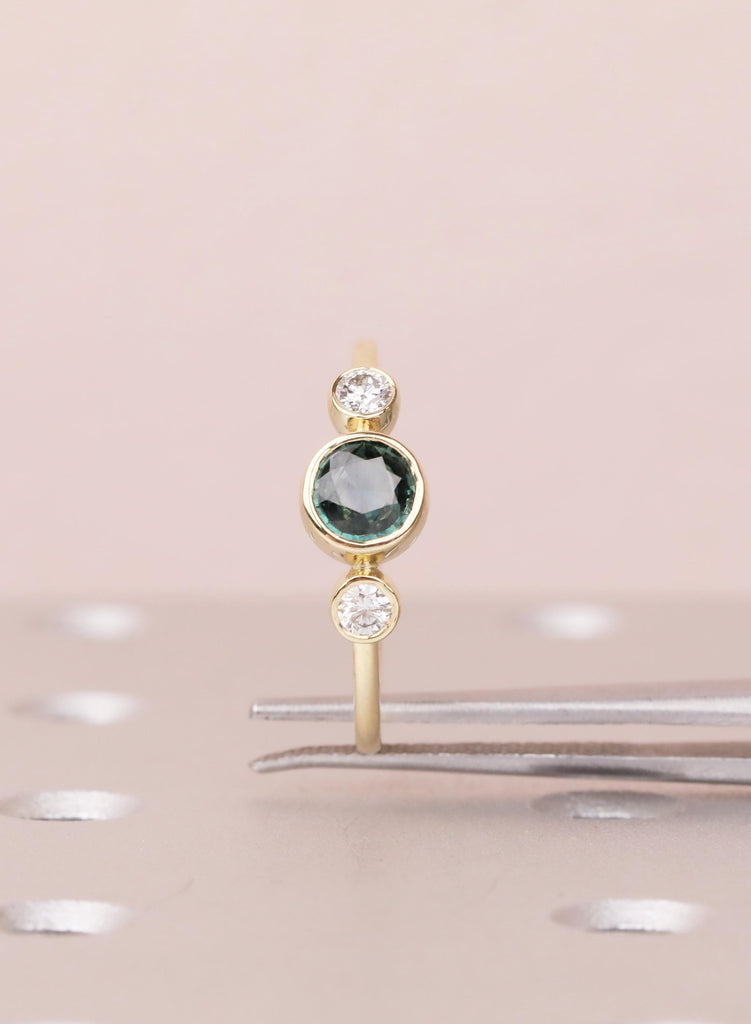 Teal Sapphire Engagement Ring, 14K Gold Bezel Set Ring, Dainty Blue Green Sapphire Diamond Trilogy Ring, Unique Three Stone Promise Ring image #10
