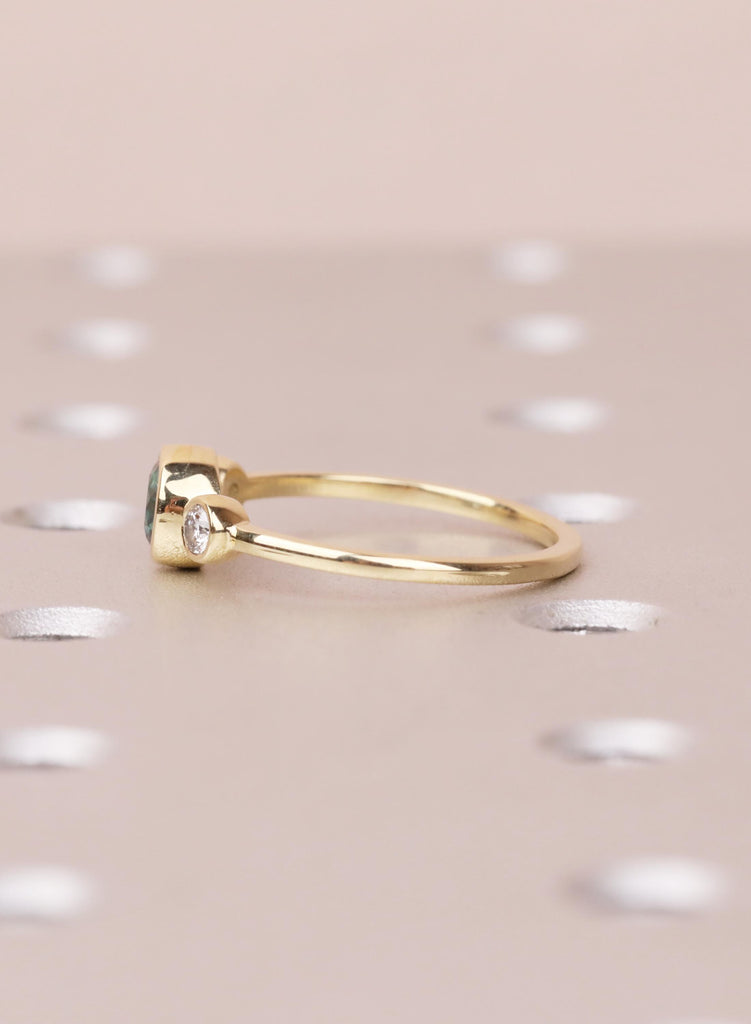 Teal Sapphire Engagement Ring, 14K Gold Bezel Set Ring, Dainty Blue Green Sapphire Diamond Trilogy Ring, Unique Three Stone Promise Ring image #6