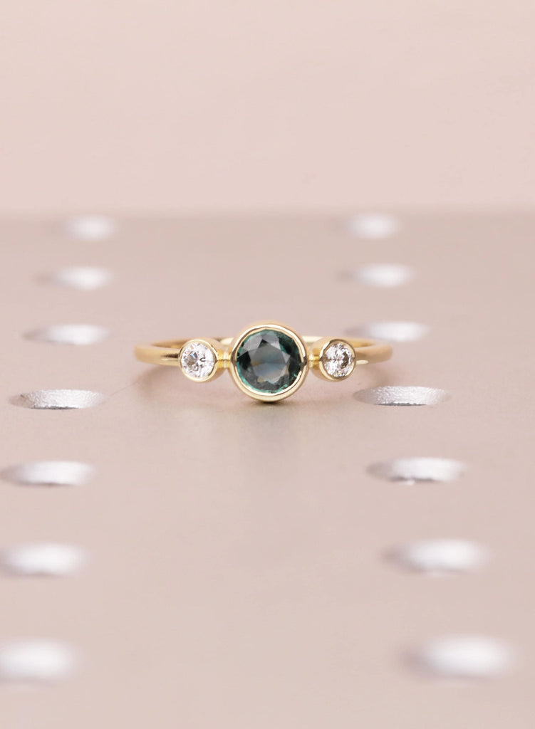 Teal Sapphire Engagement Ring, 14K Gold Bezel Set Ring, Dainty Blue Green Sapphire Diamond Trilogy Ring, Unique Three Stone Promise Ring image #2