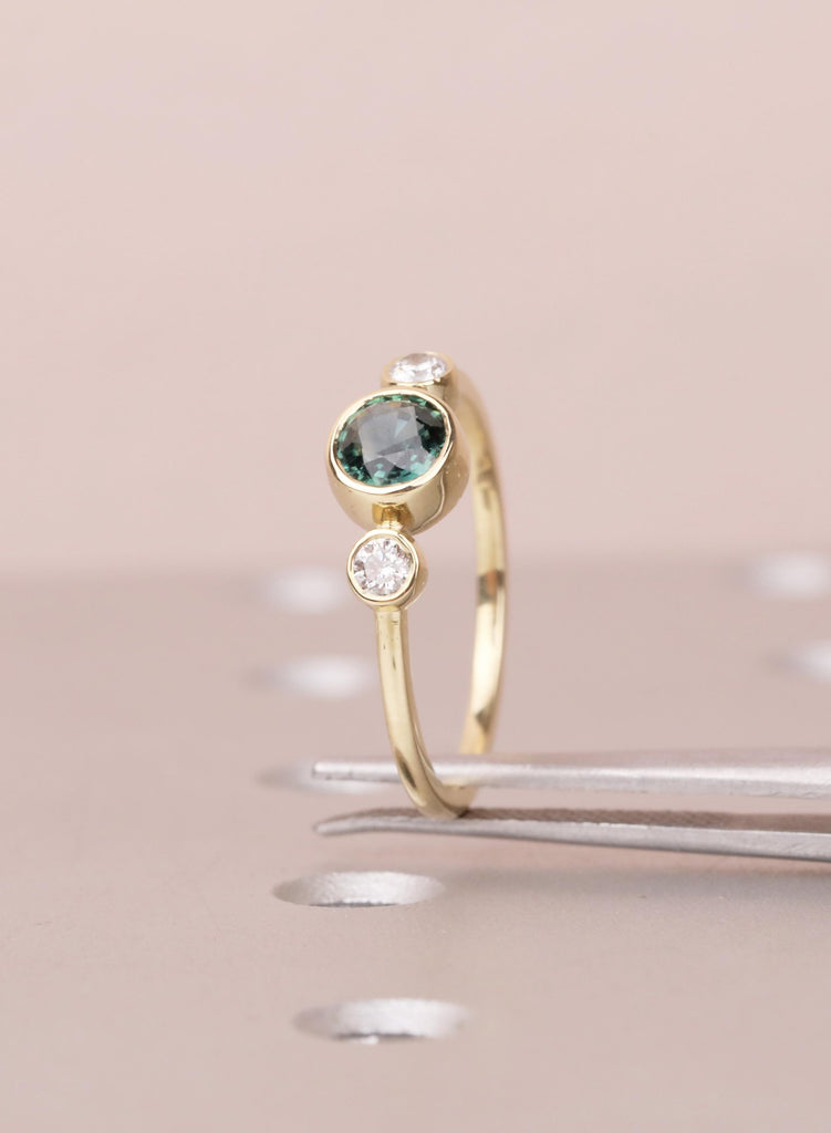 Teal Sapphire Engagement Ring, 14K Gold Bezel Set Ring, Dainty Blue Green Sapphire Diamond Trilogy Ring, Unique Three Stone Promise Ring image #8