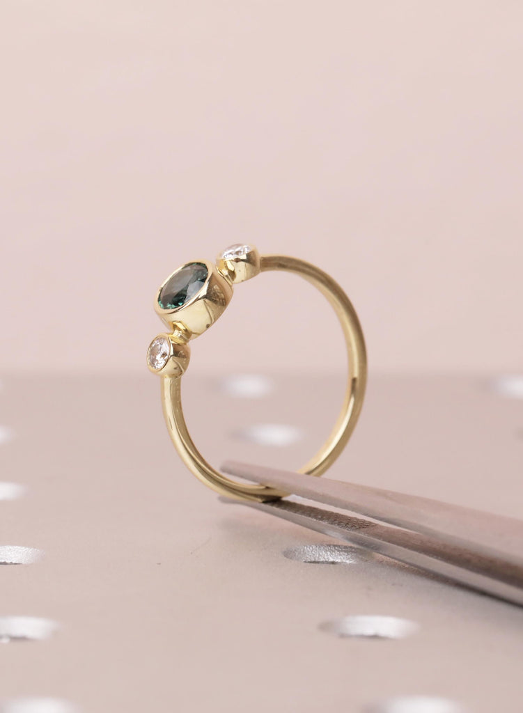 Teal Sapphire Engagement Ring, 14K Gold Bezel Set Ring, Dainty Blue Green Sapphire Diamond Trilogy Ring, Unique Three Stone Promise Ring image #9