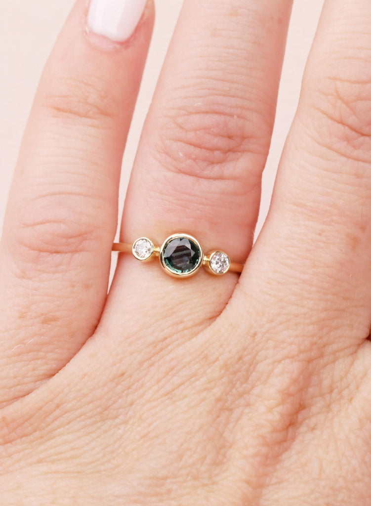 Teal Sapphire Engagement Ring, 14K Gold Bezel Set Ring, Dainty Blue Green Sapphire Diamond Trilogy Ring, Unique Three Stone Promise Ring image #14