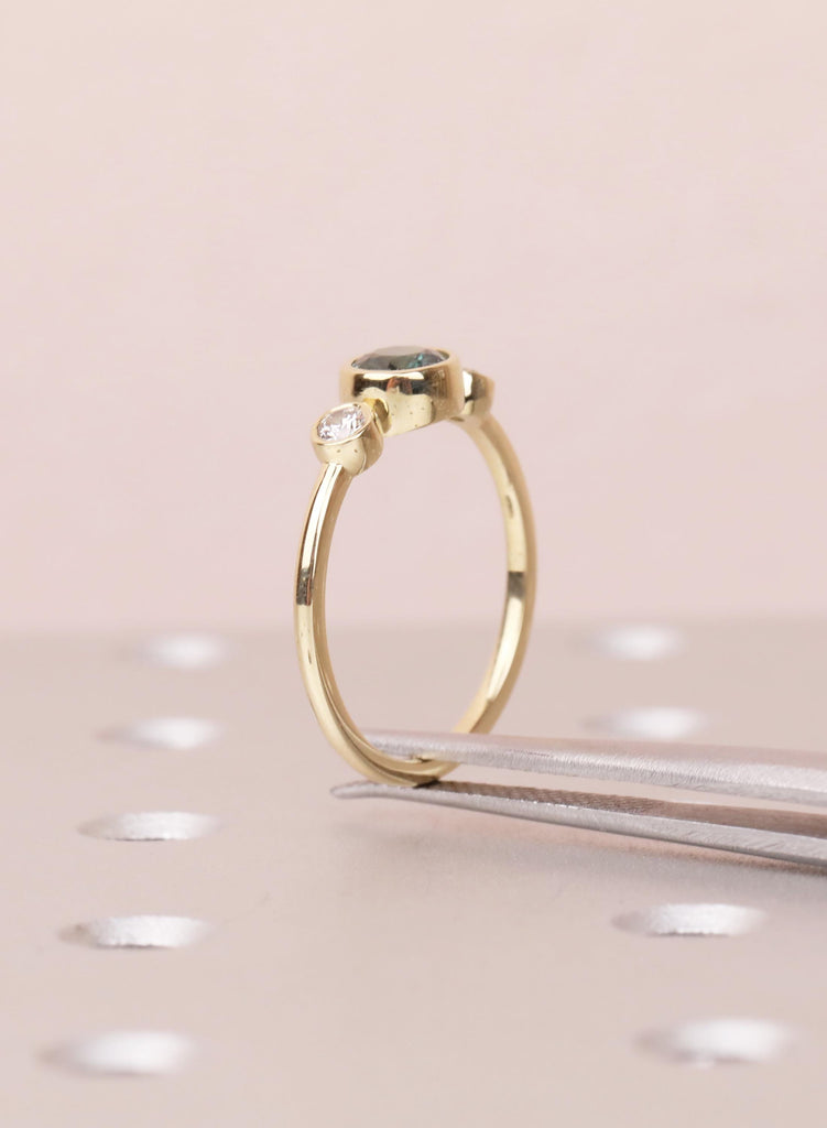 Teal Sapphire Engagement Ring, 14K Gold Bezel Set Ring, Dainty Blue Green Sapphire Diamond Trilogy Ring, Unique Three Stone Promise Ring image #13
