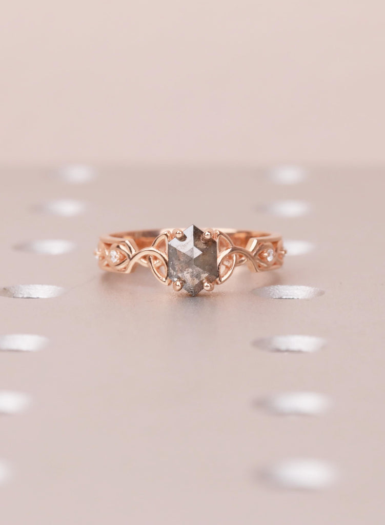 Celtic Salt and Pepper Diamond Engagement Ring, 14K Rose Gold Art Deco Wedding Ring for Women, Unique Hexagon Diamond Promise Ring For Her image #2