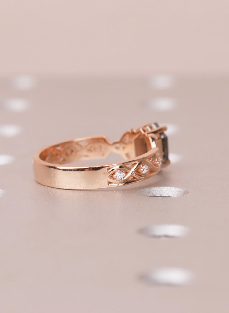 Celtic Salt and Pepper Diamond Engagement Ring, 14K Rose Gold Art Deco Wedding Ring for Women, Unique Hexagon Diamond Promise Ring For Her image #4