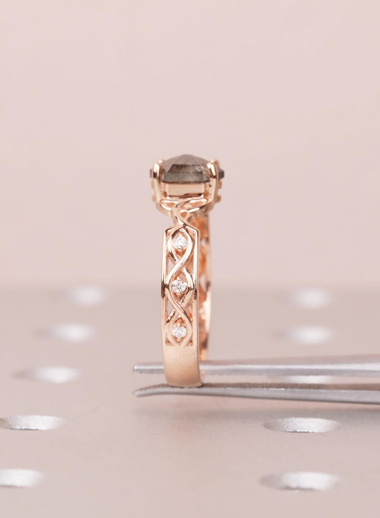 Celtic Salt and Pepper Diamond Engagement Ring, 14K Rose Gold Art Deco Wedding Ring for Women, Unique Hexagon Diamond Promise Ring For Her image #13