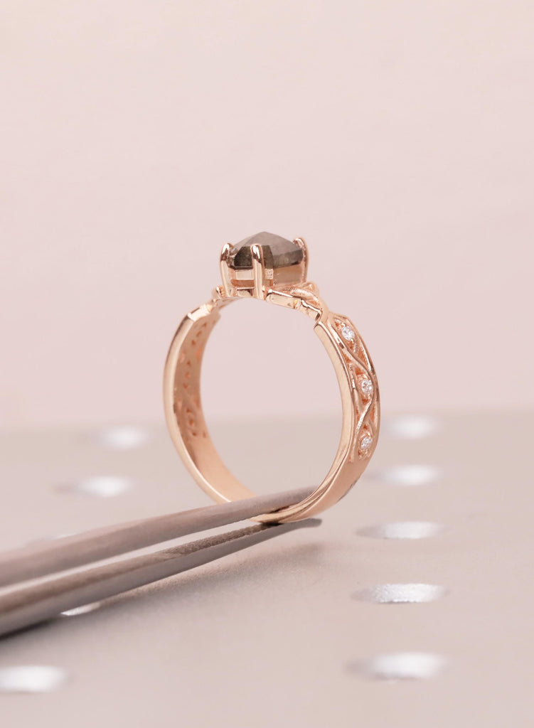Celtic Salt and Pepper Diamond Engagement Ring, 14K Rose Gold Art Deco Wedding Ring for Women, Unique Hexagon Diamond Promise Ring For Her image #12