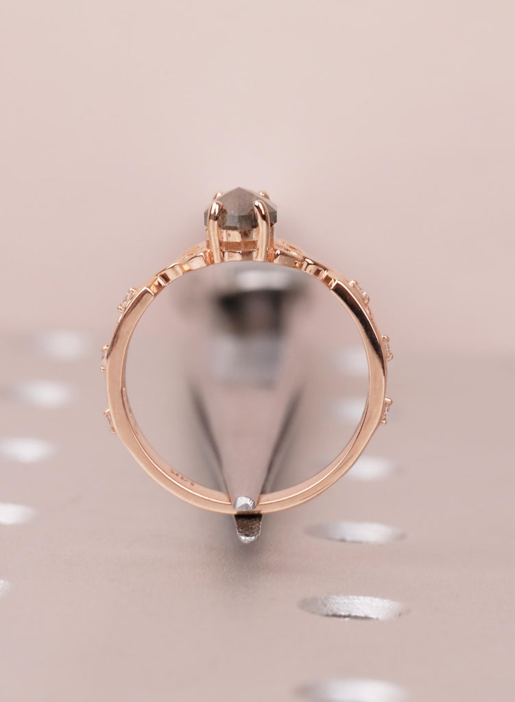 Hexagon Salt Pepper Diamond Ring, Vintage 14K Rose Gold, Celtic Art Deco Engagement For Her image #11
