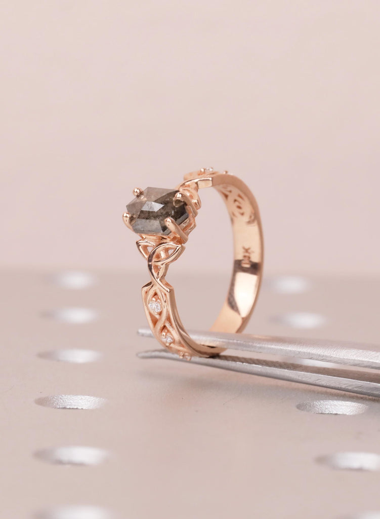 Celtic Salt and Pepper Diamond Engagement Ring, 14K Rose Gold Art Deco Wedding Ring for Women, Unique Hexagon Diamond Promise Ring For Her