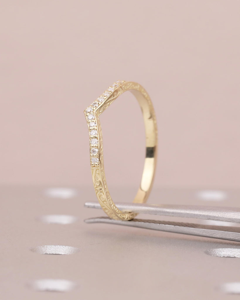 Diamond Wedding Band Women, Dainty 14k Yellow Gold Wedding Band, Unique Chevron Ring, Matching Rings for Her, Hand Engraved Wedding Band image #5
