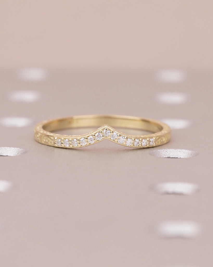 Diamond Wedding Band Women, Dainty 14k Yellow Gold Wedding Band, Unique Chevron Ring, Matching Rings for Her, Hand Engraved Wedding Band image #10