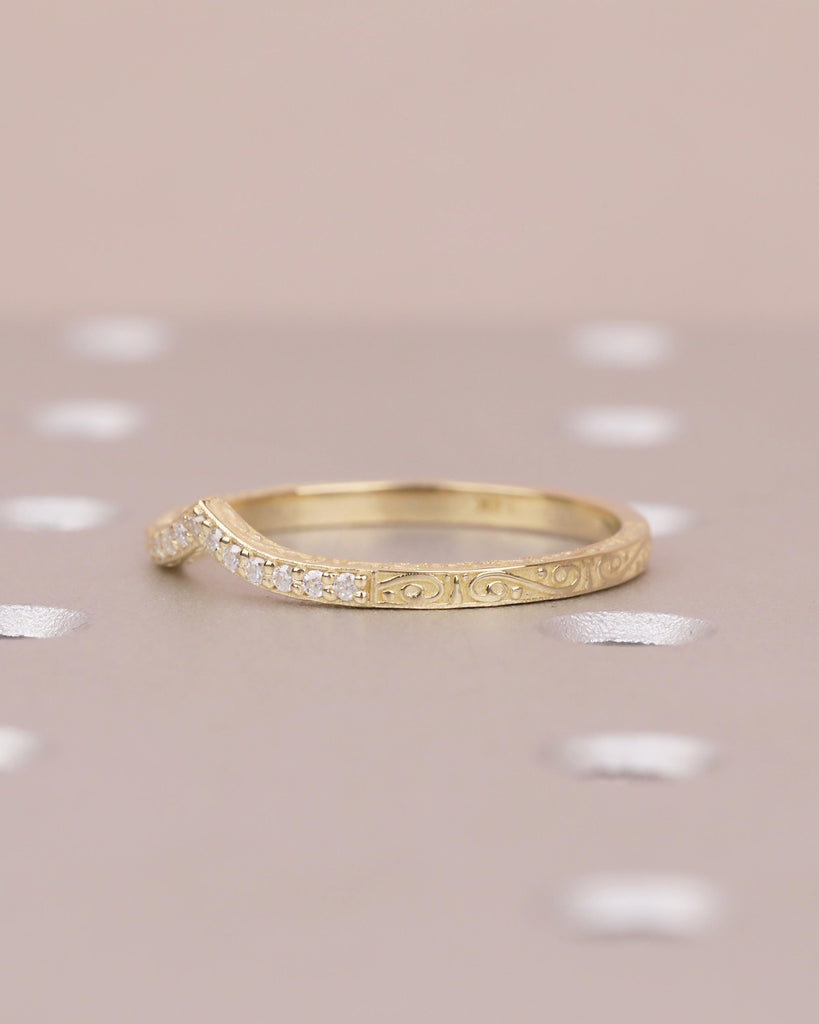 Diamond Wedding Band Women, Dainty 14k Yellow Gold Wedding Band, Unique Chevron Ring, Matching Rings for Her, Hand Engraved Wedding Band image #3