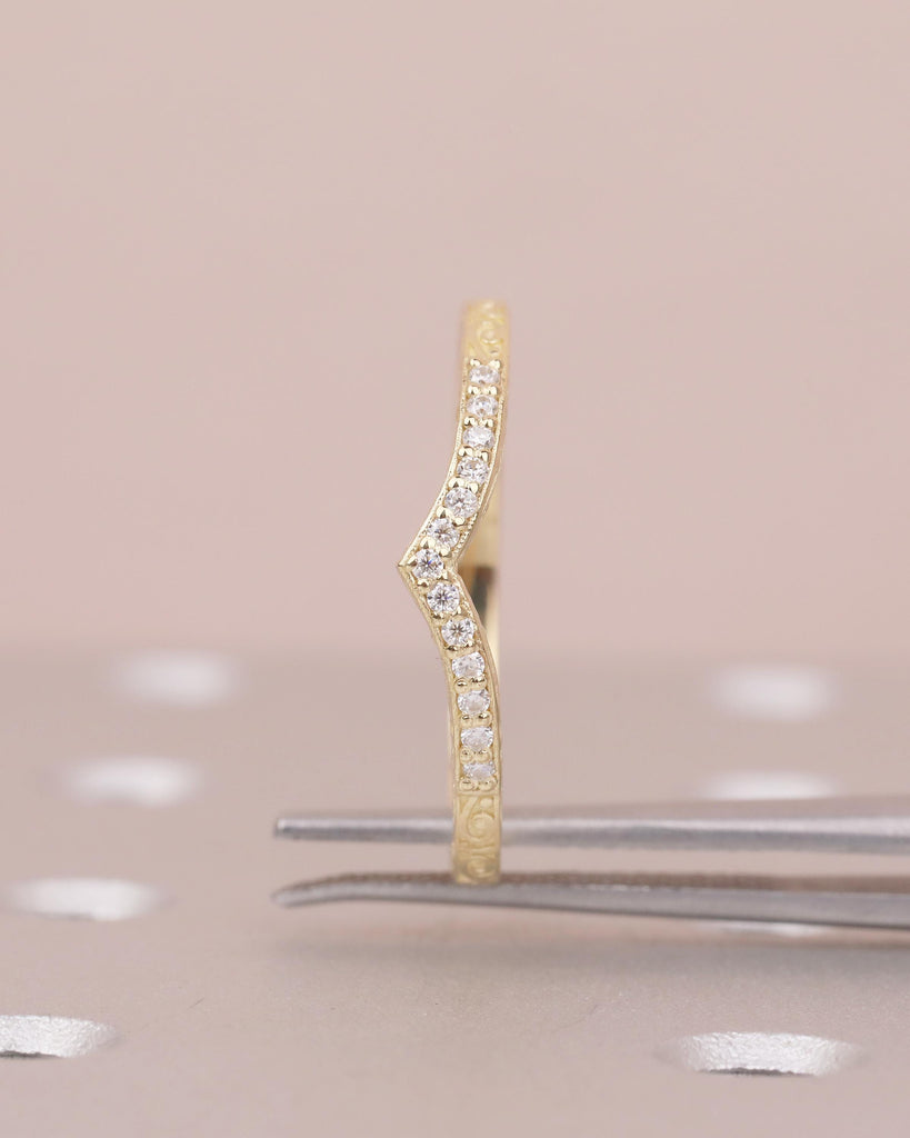 Diamond Wedding Band Women, Dainty 14k Yellow Gold Wedding Band, Unique Chevron Ring, Matching Rings for Her, Hand Engraved Wedding Band image #4