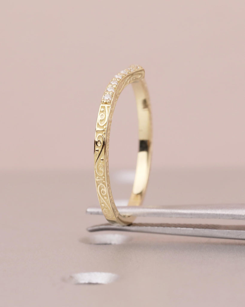 Diamond Wedding Band Women, Dainty 14k Yellow Gold Wedding Band, Unique Chevron Ring, Matching Rings for Her, Hand Engraved Wedding Band image #15
