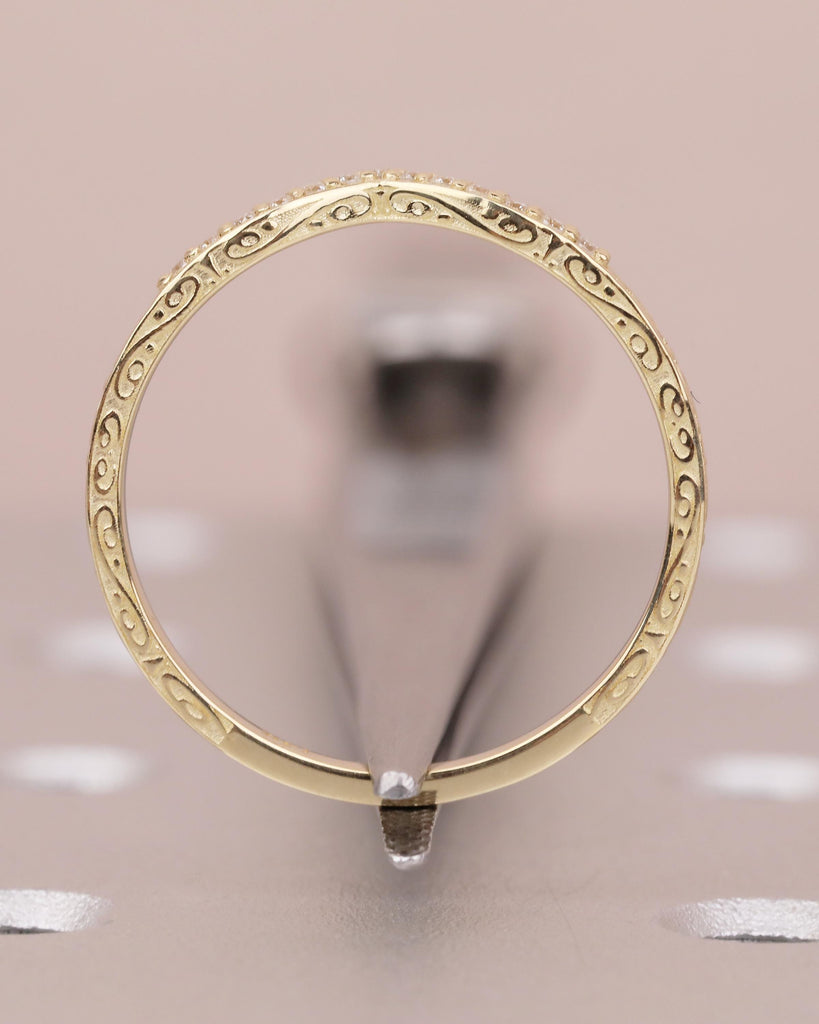 Diamond Wedding Band Women, Dainty 14k Yellow Gold Wedding Band, Unique Chevron Ring, Matching Rings for Her, Hand Engraved Wedding Band image #7