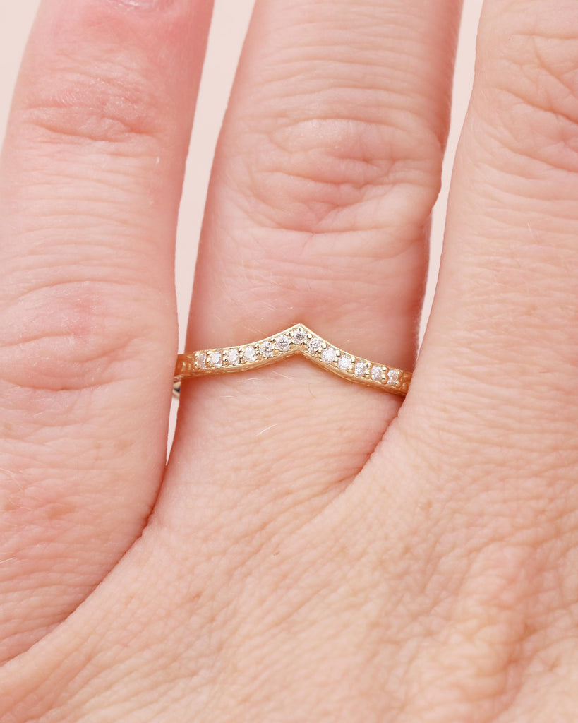 Diamond Wedding Band Women, Dainty 14k Yellow Gold Wedding Band, Unique Chevron Ring, Matching Rings for Her, Hand Engraved Wedding Band image #9