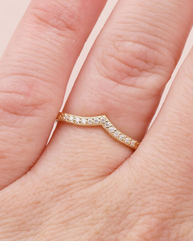 Diamond Wedding Band Women, Dainty 14k Yellow Gold Wedding Band, Unique Chevron Ring, Matching Rings for Her, Hand Engraved Wedding Band image #2