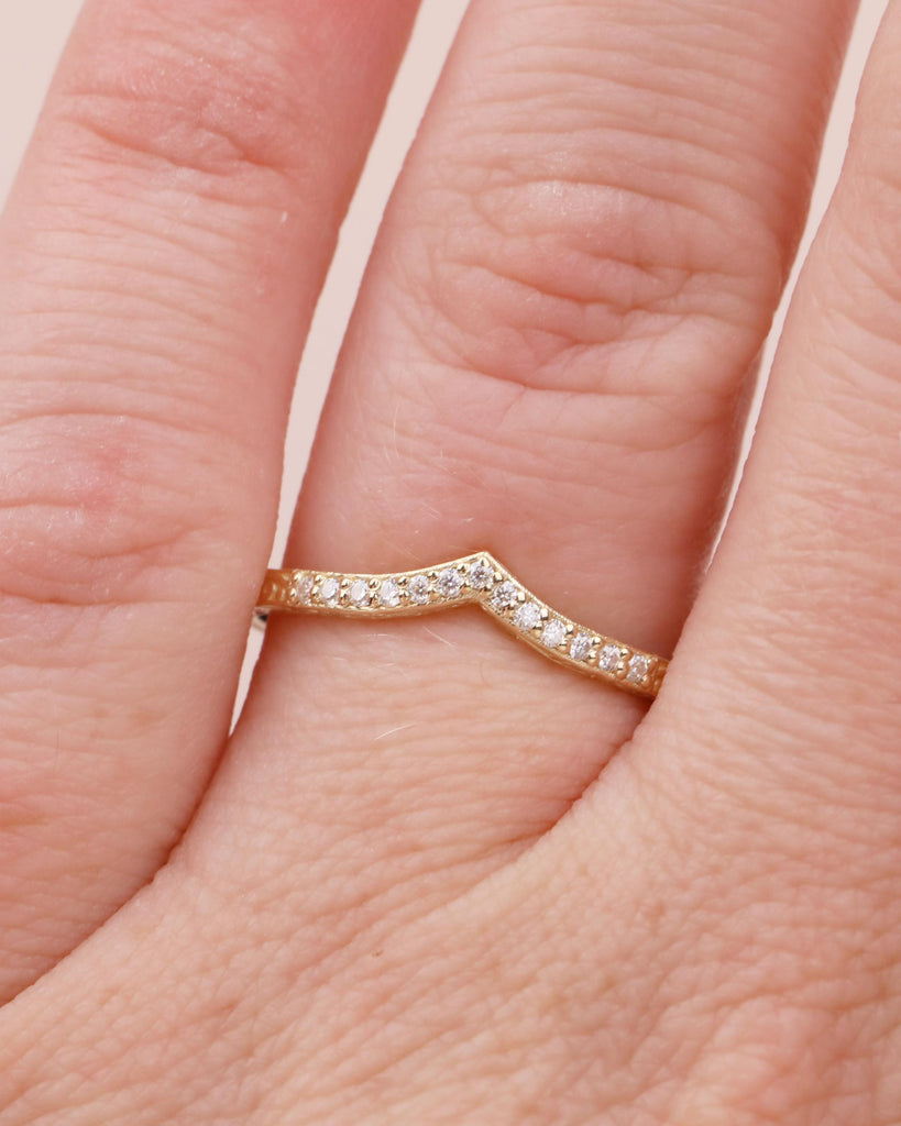 Diamond Wedding Band Women, Dainty 14k Yellow Gold Wedding Band, Unique Chevron Ring, Matching Rings for Her, Hand Engraved Wedding Band image #16