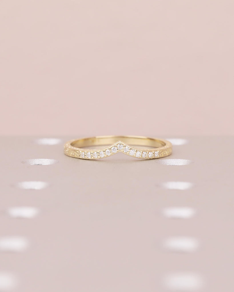 Diamond Wedding Band Women, Dainty 14k Yellow Gold Wedding Band, Unique Chevron Ring, Matching Rings for Her, Hand Engraved Wedding Band image #13