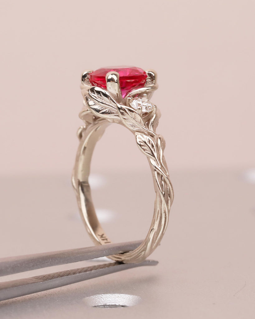 14k Gold Ruby Ring for Women, Vintage Engagement Ring, Three Stone Nature Jewelry image #9