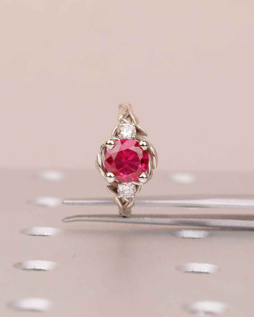 14k Gold Ruby Ring for Women, Vintage Engagement Ring, Three Stone Nature Jewelry image #5
