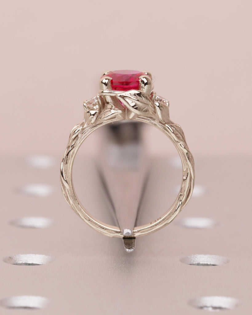 Round Ruby Engagement Ring, Vintage 14k White Gold Nature Inspired Ring, Promise Ring for Her, Art Deco Wedding Rings, Unique Bridal Jewelry image #6