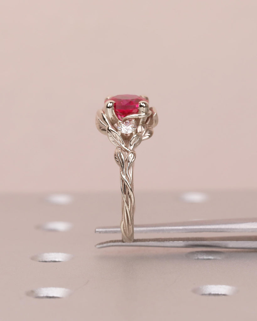 14k Gold Ruby Ring for Women, Vintage Engagement Ring, Three Stone Nature Jewelry image #8