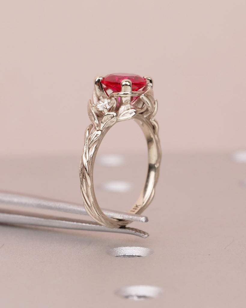 14k Gold Ruby Ring for Women, Vintage Engagement Ring, Three Stone Nature Jewelry image #11