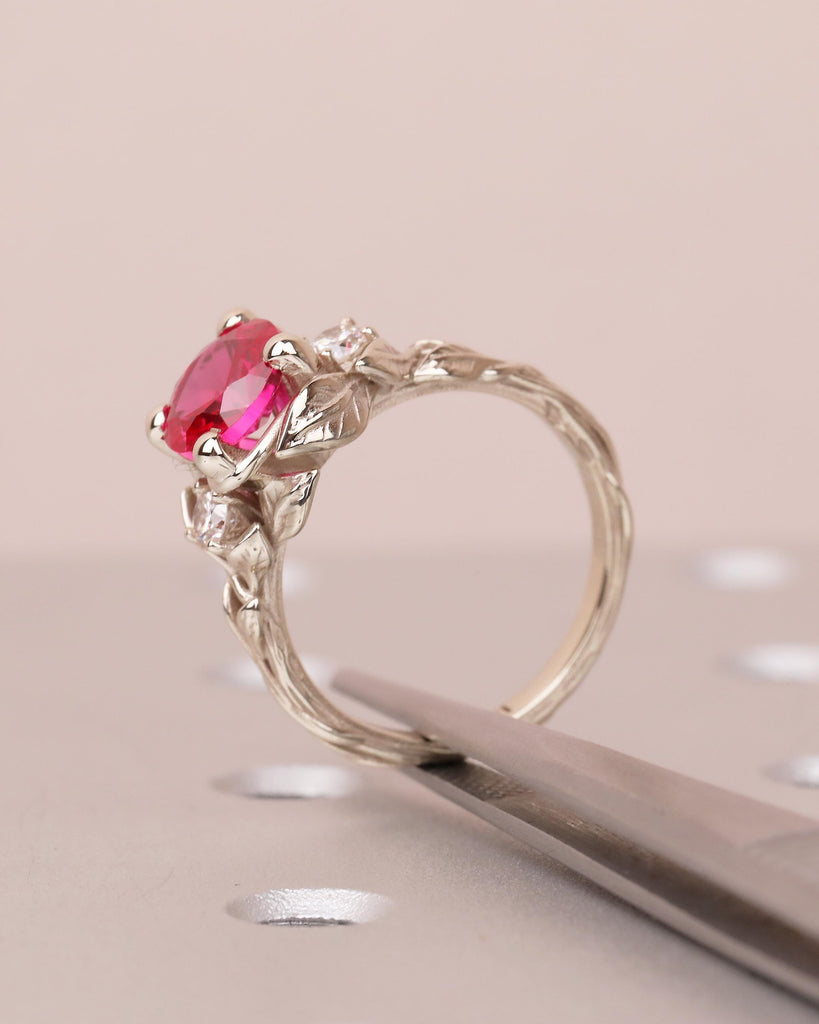 14k Gold Ruby Ring for Women, Vintage Engagement Ring, Three Stone Nature Jewelry image #13