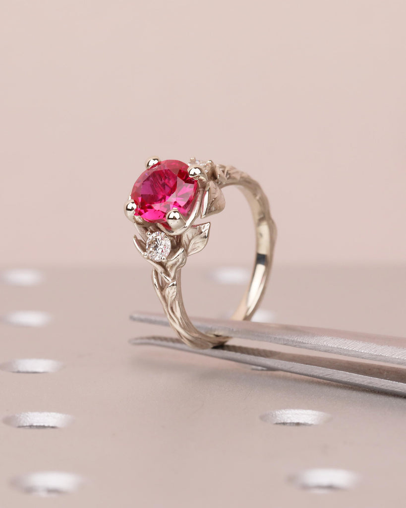14k Gold Ruby Ring for Women, Vintage Engagement Ring, Three Stone Nature Jewelry image #15