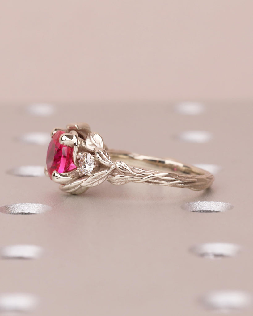 14k Gold Ruby Ring for Women, Vintage Engagement Ring, Three Stone Nature Jewelry image #14