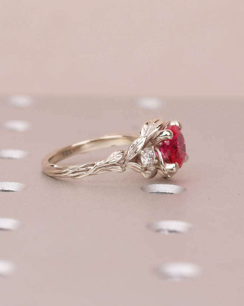 14k Gold Ruby Ring for Women, Vintage Engagement Ring, Three Stone Nature Jewelry image #4